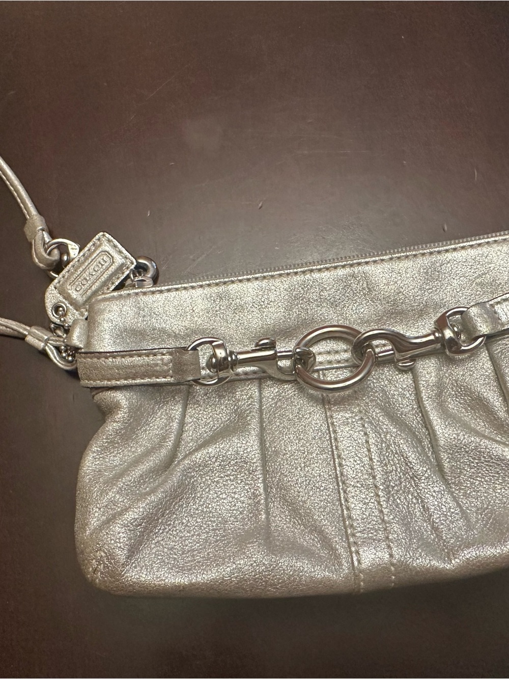 Coach Silver Metallic Leather Wristlet with Chain Detail